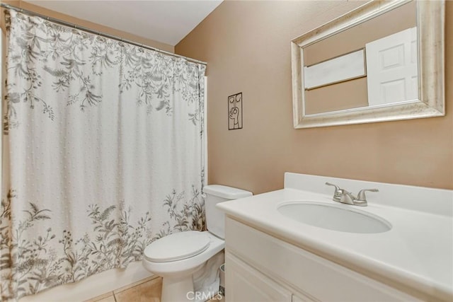 full bathroom featuring vanity, a shower with shower curtain, toilet, and tile patterned flooring