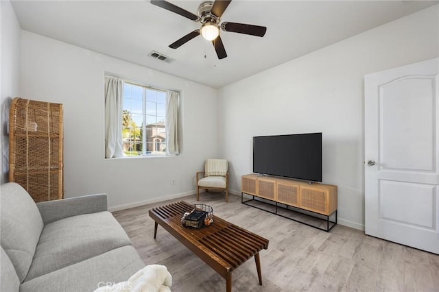 living area featuring a ceiling fan, wood finished floors, visible vents, and baseboards