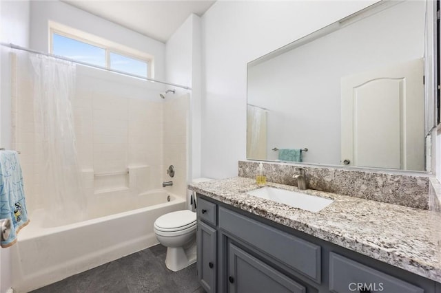 full bathroom with toilet, vanity, and shower / bath combination with curtain