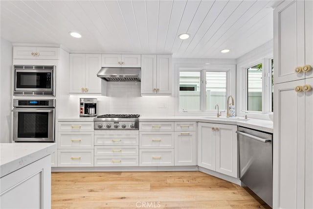 kitchen with a sink, white cabinets, under cabinet range hood, and stainless steel appliances