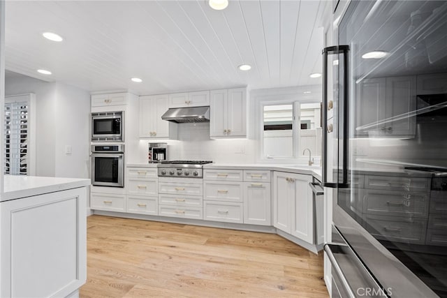 kitchen featuring light wood-style flooring, under cabinet range hood, tasteful backsplash, white cabinetry, and stainless steel appliances