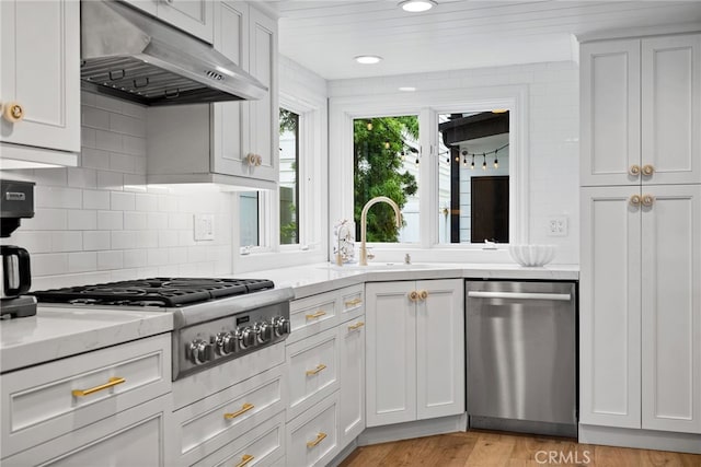 kitchen with under cabinet range hood, a sink, tasteful backsplash, appliances with stainless steel finishes, and light wood finished floors