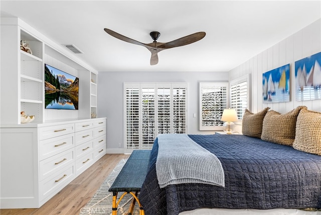 bedroom featuring access to outside, light wood-style flooring, a ceiling fan, and visible vents