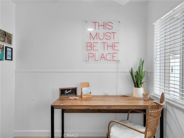 home office with a wainscoted wall