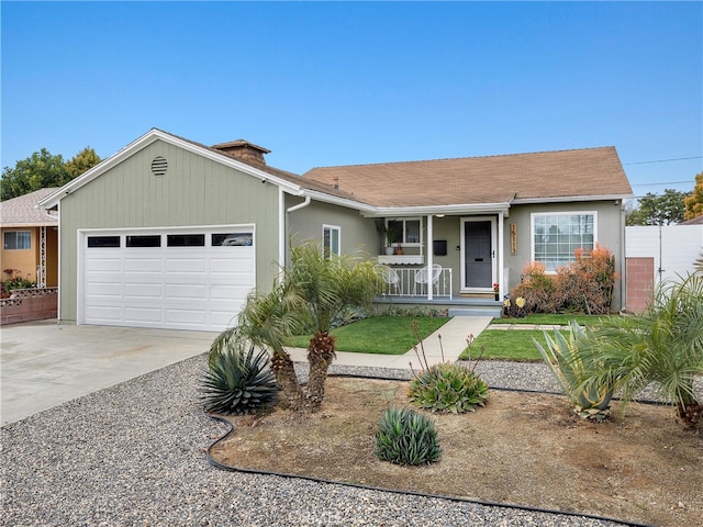 ranch-style home with driveway, a porch, roof with shingles, a garage, and a chimney