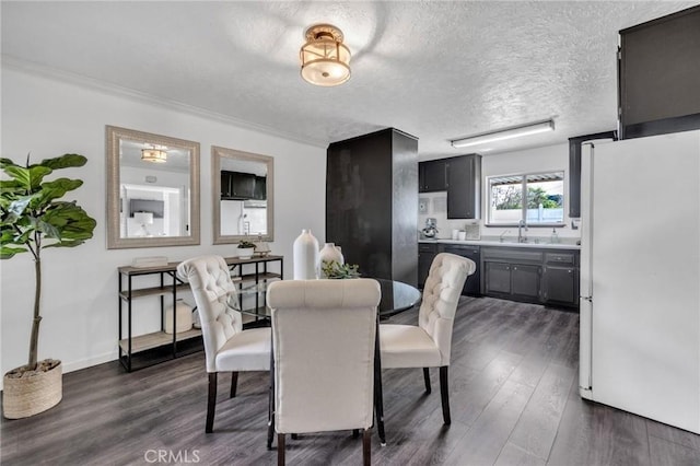 dining room with dark wood finished floors, a textured ceiling, and ornamental molding