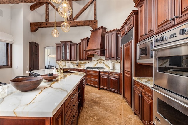 3221 Integrity Way, Fallbrook, CA 92028 - kitchen featuring custom exhaust hood, appliances with stainless steel finishes, tasteful backsplash, high vaulted ceiling, and beamed ceiling