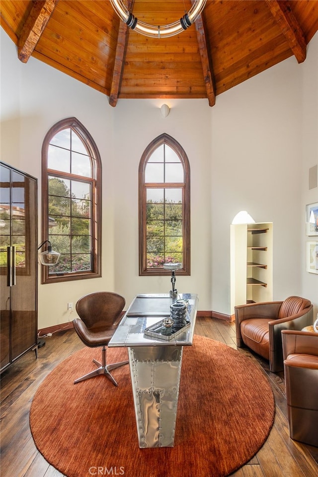 living area featuring wooden ceiling, hardwood / wood-style flooring, high vaulted ceiling, and beam ceiling