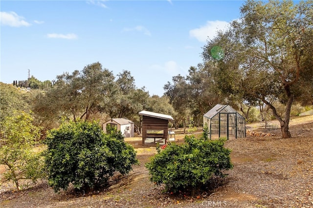 3221 Integrity Way, Fallbrook, CA 92028 - view of yard with a greenhouse, a storage unit, and view of wooded area