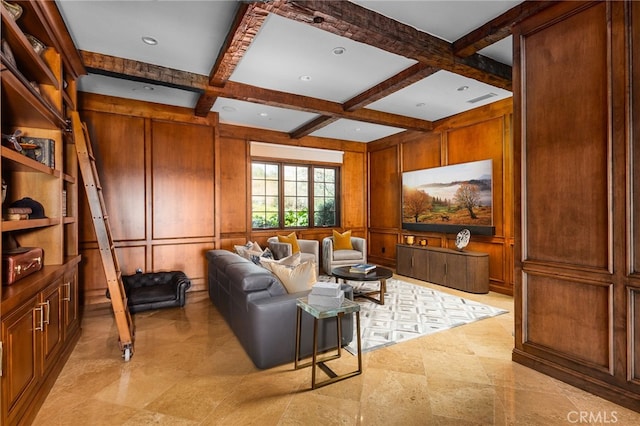 3221 Integrity Way, Fallbrook, CA 92028 - living area with coffered ceiling, beam ceiling, and wood walls