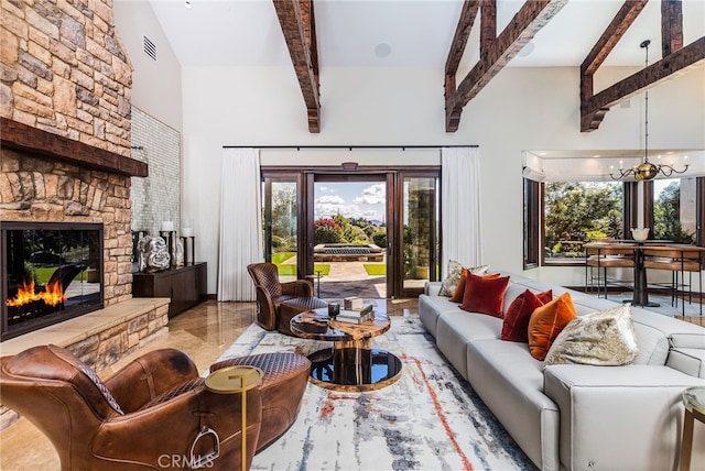 3221 Integrity Way, Fallbrook, CA 92028 - living room featuring beamed ceiling, high vaulted ceiling, healthy amount of natural light, a chandelier, and a fireplace