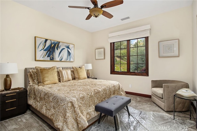 bedroom with visible vents, ceiling fan, carpet, and baseboards