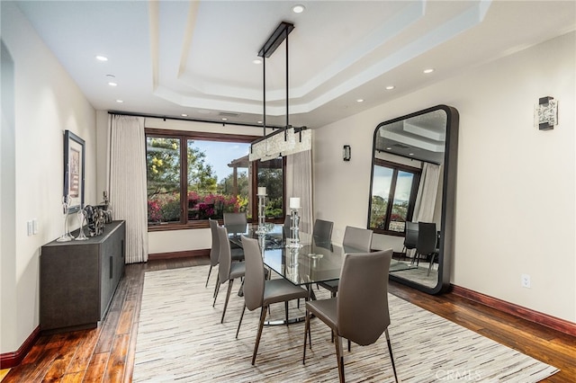 dining area featuring a healthy amount of sunlight, a raised ceiling, and wood-type flooring