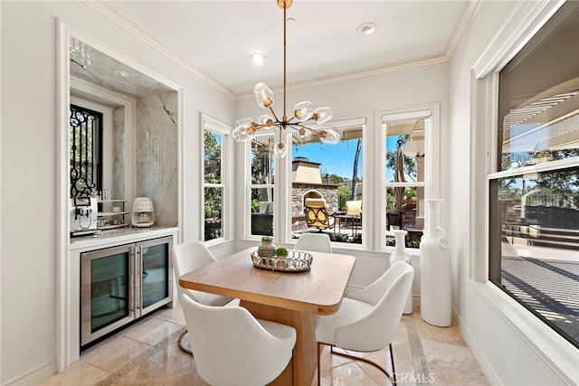 10 Corte Vizcaya, San Clemente, CA 92673 - dining space with inlaid floor details, wine cooler, a chandelier, ornamental molding, and baseboards