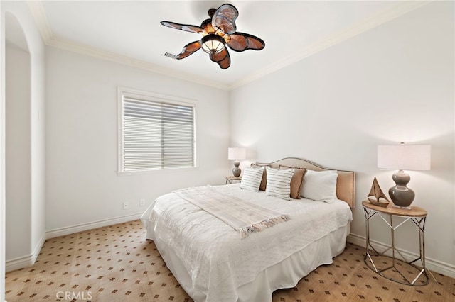 10 Corte Vizcaya, San Clemente, CA 92673 - bedroom featuring ornamental molding, baseboards, arched walkways, a ceiling fan, and carpet flooring