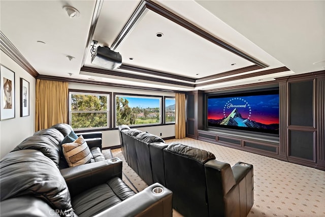 10 Corte Vizcaya, San Clemente, CA 92673 - home theater with a tray ceiling, crown molding, and light carpet