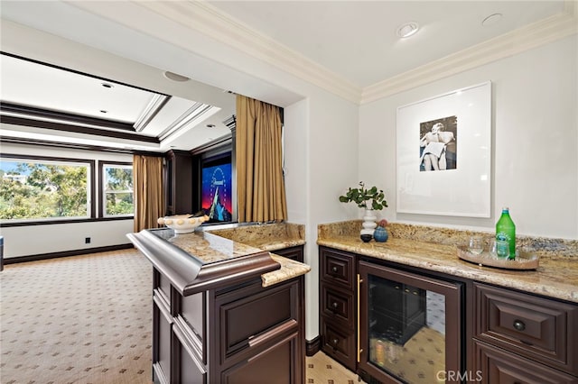 10 Corte Vizcaya, San Clemente, CA 92673 - indoor dry bar with wine cooler, ornamental molding, light carpet, a raised ceiling, and baseboards