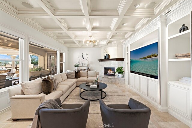 10 Corte Vizcaya, San Clemente, CA 92673 - living area featuring a chandelier, a fireplace, coffered ceiling, beam ceiling, and crown molding