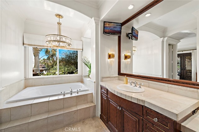 10 Corte Vizcaya, San Clemente, CA 92673 - full bath with vanity, a bath, a chandelier, tile patterned flooring, and ornamental molding
