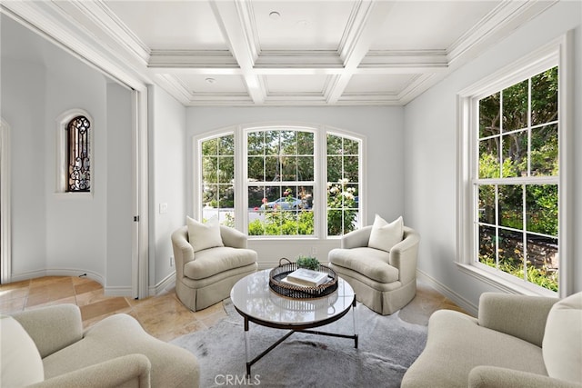 10 Corte Vizcaya, San Clemente, CA 92673 - living room featuring coffered ceiling, beamed ceiling, baseboards, and ornamental molding