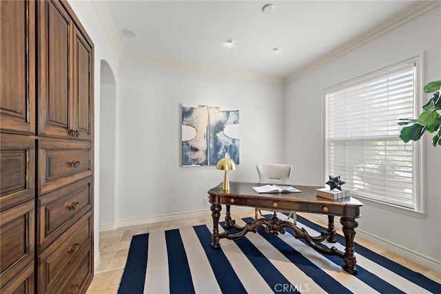 10 Corte Vizcaya, San Clemente, CA 92673 - office area with healthy amount of natural light, arched walkways, crown molding, and baseboards