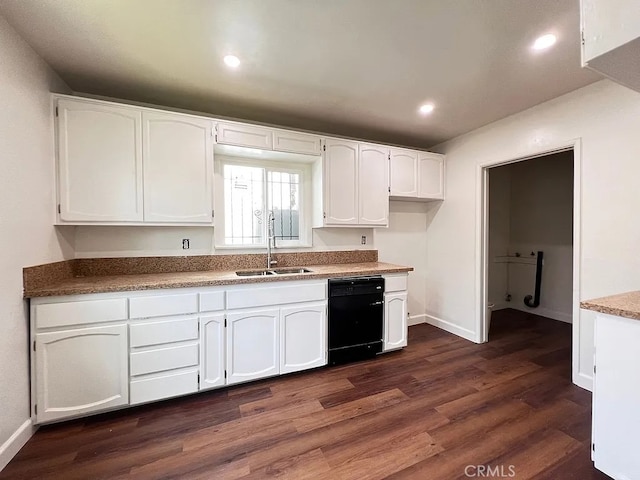 kitchen with a sink, dishwasher, recessed lighting, white cabinetry, and dark wood-style flooring