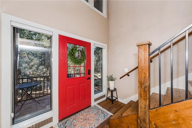 37751 Foxfield Rd, Angelus Oaks, CA 92305 - entrance foyer featuring stairway, baseboards, and wood finished floors
