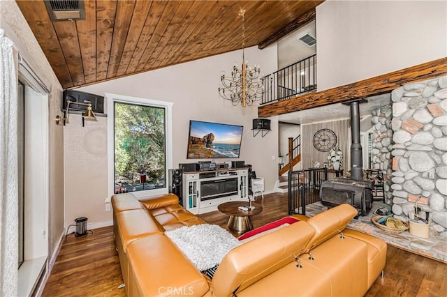 37751 Foxfield Rd, Angelus Oaks, CA 92305 - living area with visible vents, wood finished floors, baseboards, wood ceiling, and stairs