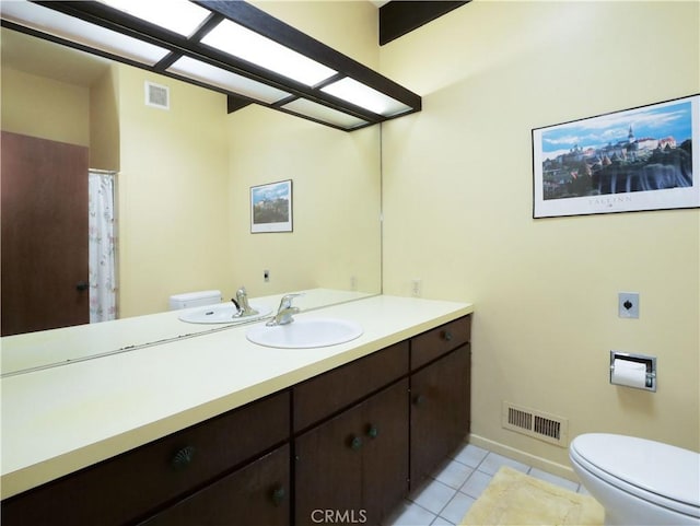 bathroom with tile patterned floors, visible vents, toilet, and vanity