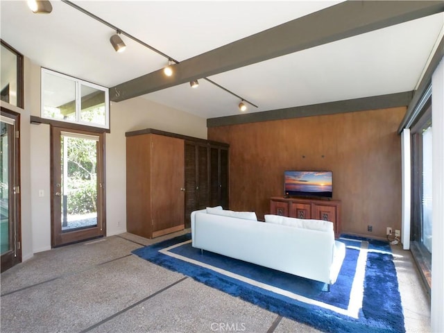 living room with wooden walls, rail lighting, and speckled floor