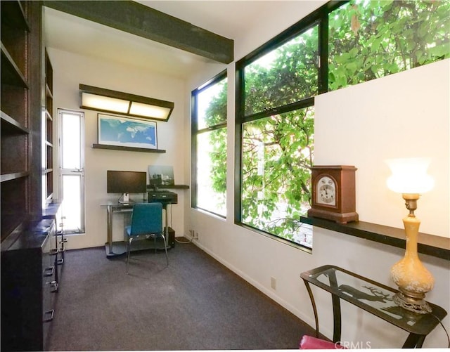 home office featuring beam ceiling, carpet flooring, and baseboards