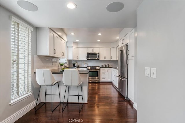 kitchen featuring a peninsula, dark wood-style floors, backsplash, and stainless steel appliances