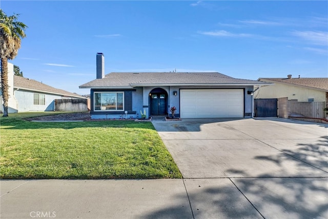 ranch-style house with a front lawn, fence, concrete driveway, a chimney, and a garage