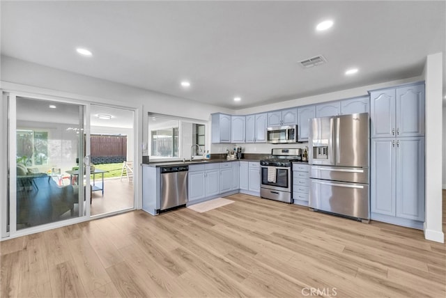 kitchen with visible vents, light wood-type flooring, a sink, dark countertops, and appliances with stainless steel finishes