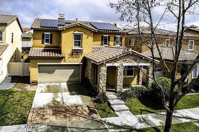 view of front of home featuring fence, driveway, stucco siding, a garage, and a tiled roof