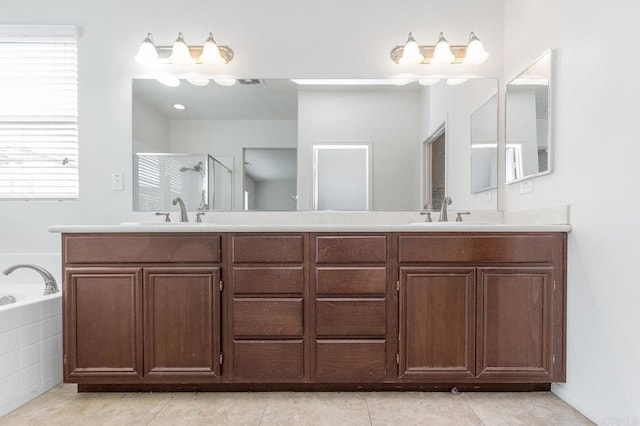 bathroom with double vanity, a stall shower, and a sink