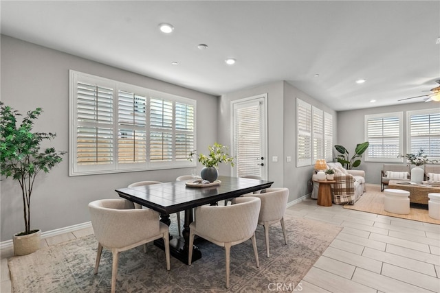 dining space with recessed lighting, baseboards, and a ceiling fan