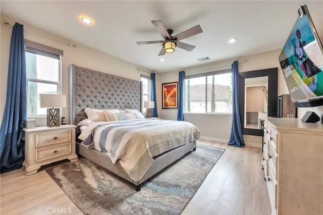 bedroom featuring recessed lighting, light wood-type flooring, visible vents, and ceiling fan