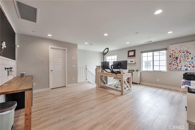 office area featuring recessed lighting, visible vents, and light wood-style flooring