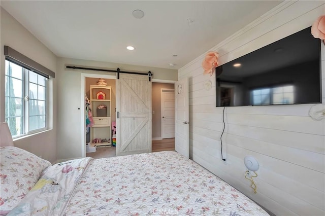 bedroom featuring a barn door, a spacious closet, and a closet