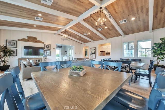 dining space featuring a chandelier, visible vents, wooden ceiling, and lofted ceiling with beams