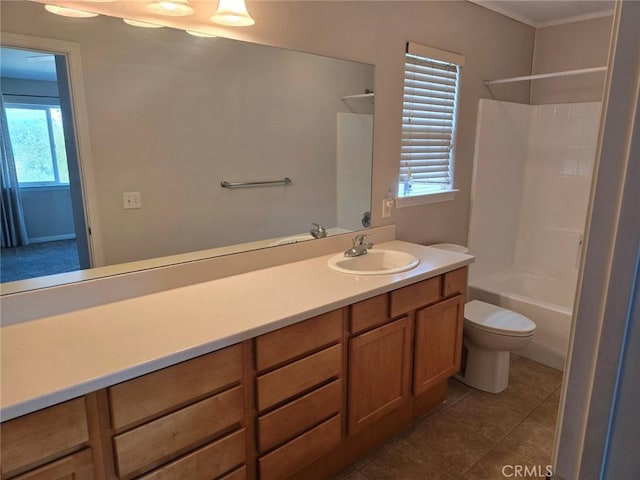 bathroom with toilet, shower / bathing tub combination, tile patterned flooring, and vanity