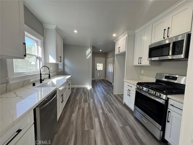 kitchen with a sink, dark wood-style floors, a healthy amount of sunlight, and stainless steel appliances