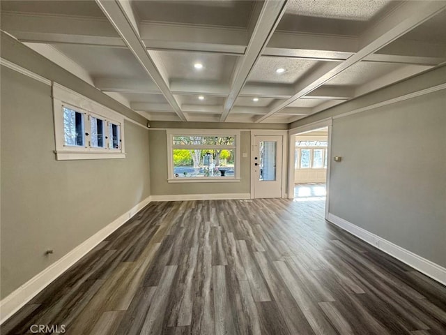 empty room featuring baseboards, coffered ceiling, dark wood finished floors, beam ceiling, and recessed lighting