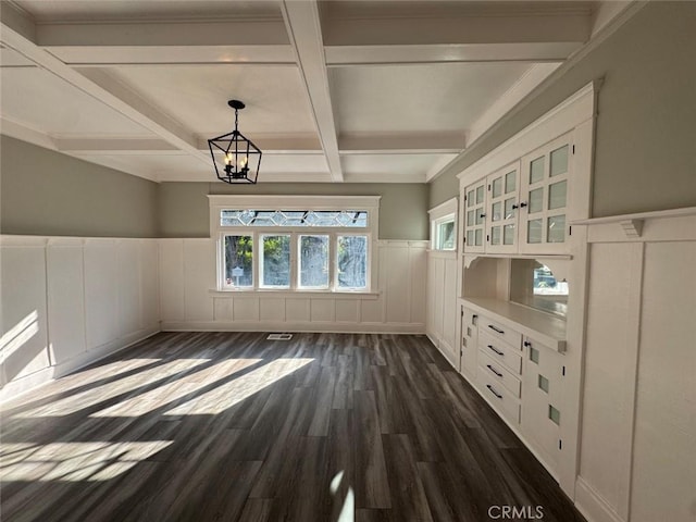 unfurnished dining area with dark wood-style floors, visible vents, coffered ceiling, wainscoting, and beamed ceiling