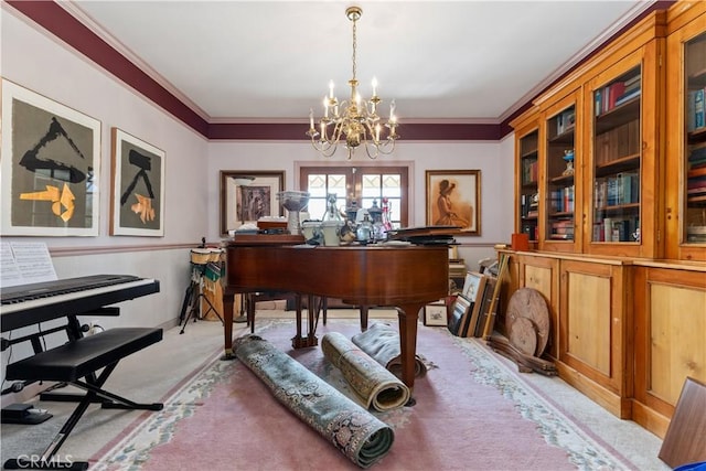 office with an inviting chandelier, carpet flooring, and ornamental molding