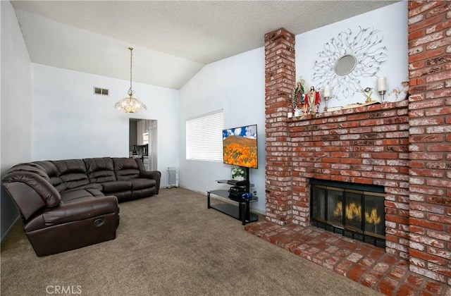 carpeted living area featuring visible vents, radiator, vaulted ceiling, a fireplace, and a textured ceiling