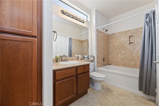 full bath featuring vanity, toilet, tile patterned flooring, and shower / bathtub combination with curtain