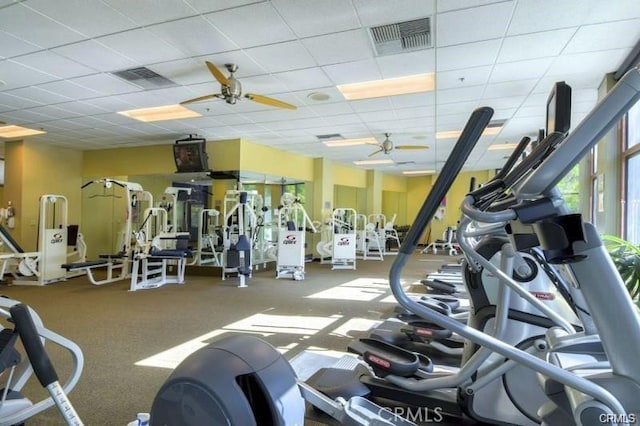 workout area featuring ceiling fan, a drop ceiling, and visible vents