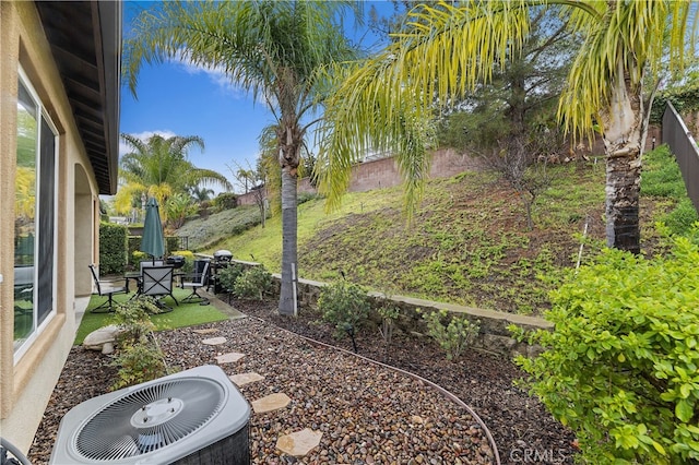 view of yard with central AC, a patio area, and a fenced backyard